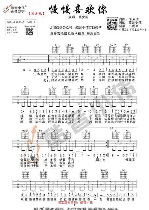 莫文蔚《慢慢喜欢你 简单版 》吉他谱(c调)-guitar music score-曲谱