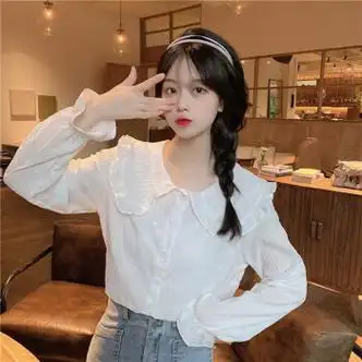 小个子雪纺衫长袖矮个子女孩衬衫上衣初中高中少女学生衬衣白色均码