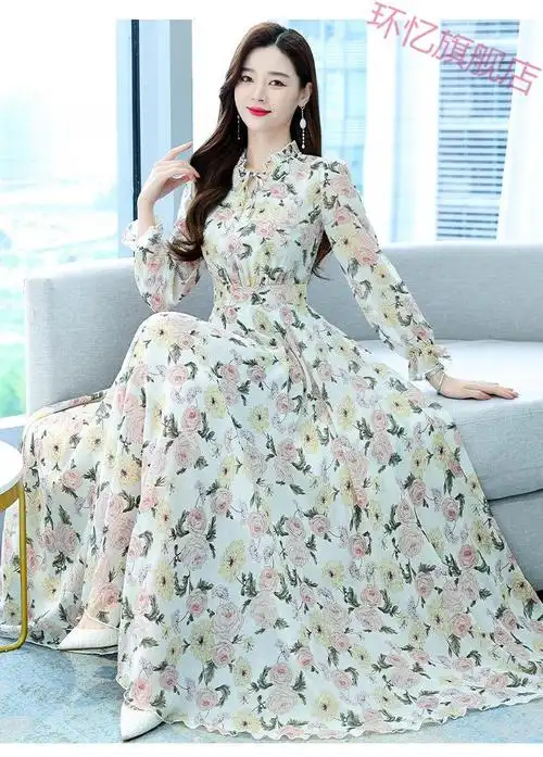 春秋雪纺碎花长袖连衣裙女气质修身显瘦长裙女显瘦女装粉色m7593斤