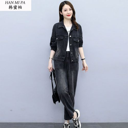 黑色牛仔外套牛仔裤女套装