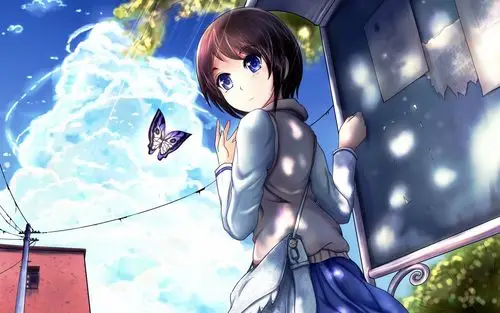 蓝色的眼睛动漫女孩回头看蝴蝶街道云