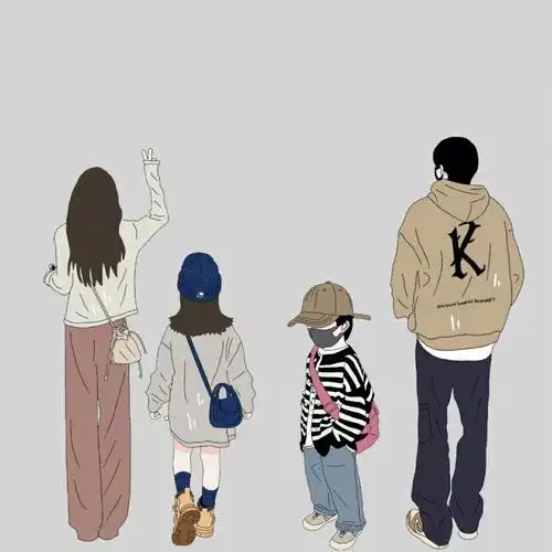 原创手绘亲子头像一家四口儿女双全一拖二