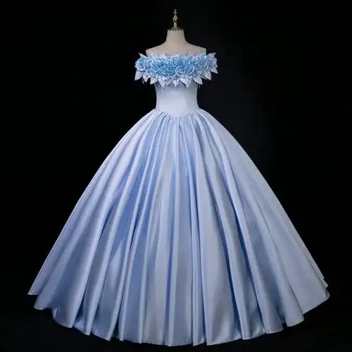 花仙子蓝色蓬蓬裙外贸一字肩缎面花朵宴会舞台演出服独唱婚纱礼服