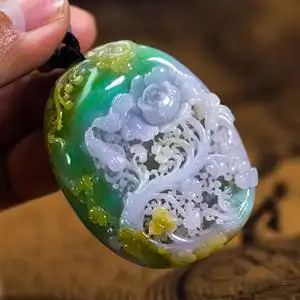 天然翡翠 a货 挂件 吊坠 花鸟牌 俏雕 三彩 冰种xxf3757