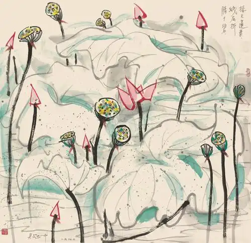 lot.163吴冠中 1990年作 荷塘清色 镜片 设色纸本