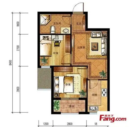 雯君庭1号楼公寓f户型2室1厅1卫1厨 55.99㎡