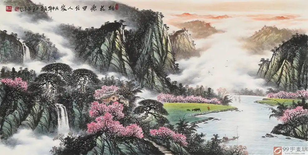 【已售】张慧仁四尺山水画《桃花源里住人家》
