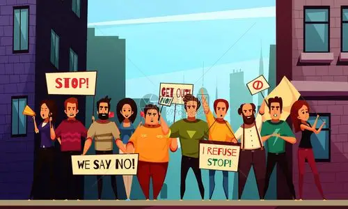 抗议人群平的城市居民走城市的街道上用标语牌卡通矢