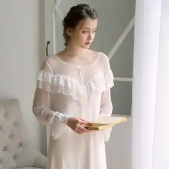 公主睡裙2019女春秋长袖长款柔软蕾丝网纱性感透光莫代尔家居服睡衣裙