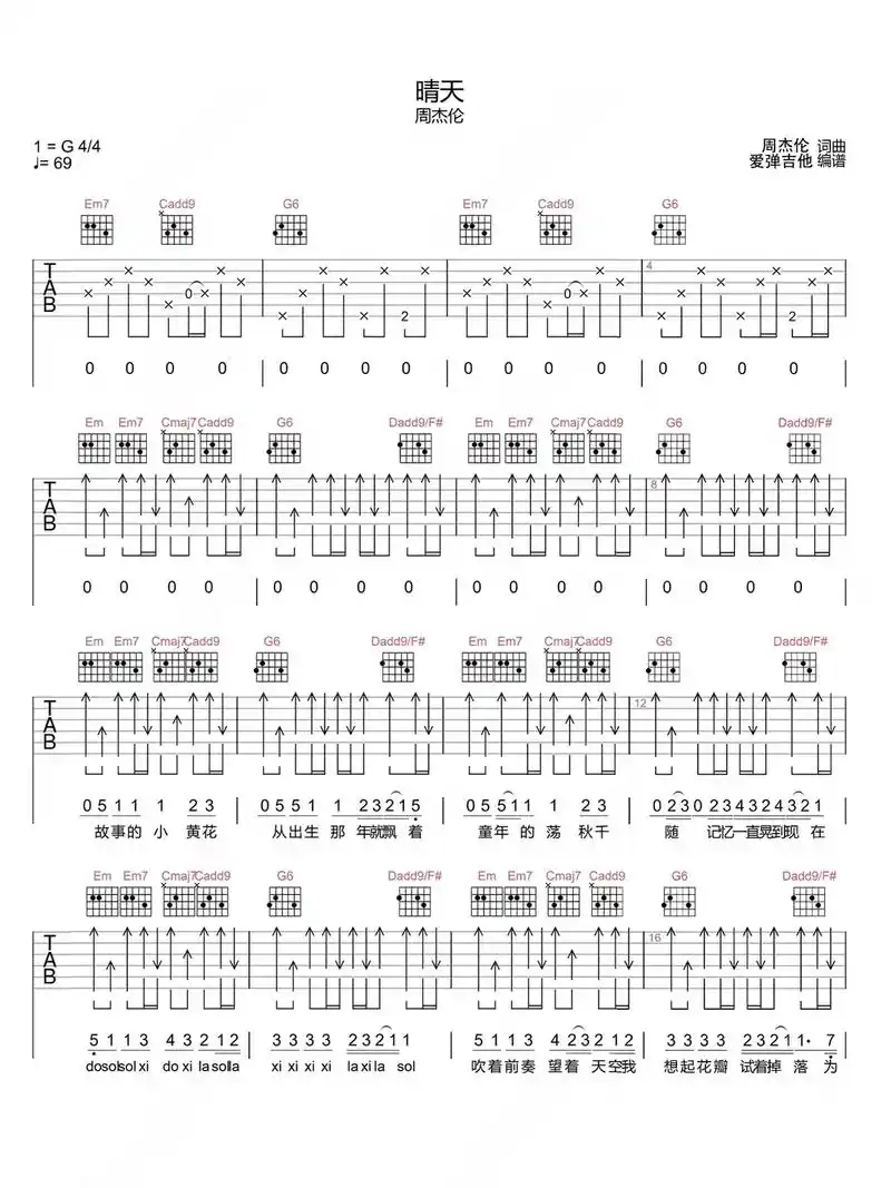 晴天吉他谱#吉他教学入门零基础 #吉他谱 #吉他教学 #吉他 - 抖音