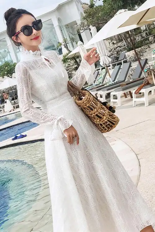 2019春季新款名媛复古蕾丝水溶花钩花气质连衣裙修身大摆长裙写真白色