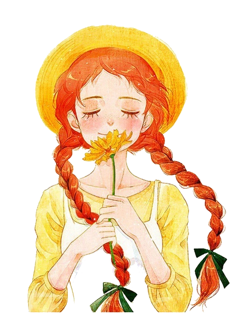 黄色可爱手拿花朵的手绘女孩png图片
