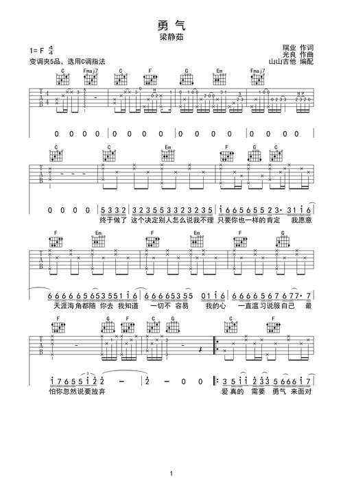 勇气-梁静茹,c调指法原版编配f调六线吉他谱-虫虫吉他谱免费下载