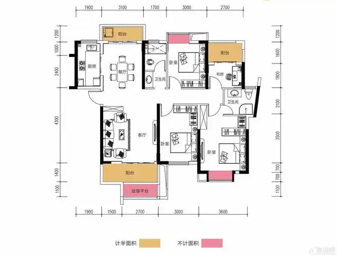 长沙福晟·克拉美丽山庄二期4室2厅2卫户型图-长沙楼盘网