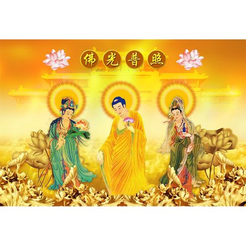 西方三圣图壁纸金色佛字莲花背景墙纸佛光普照寺庙佛堂壁画定制