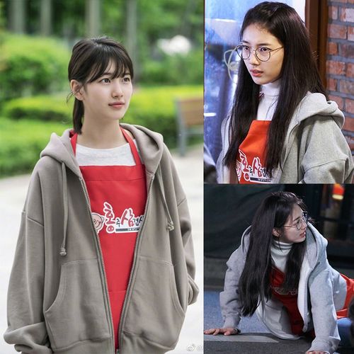 当你沉睡时裴秀智明星同款咖啡色卫衣拉链连帽宽松开衫外套上衣女