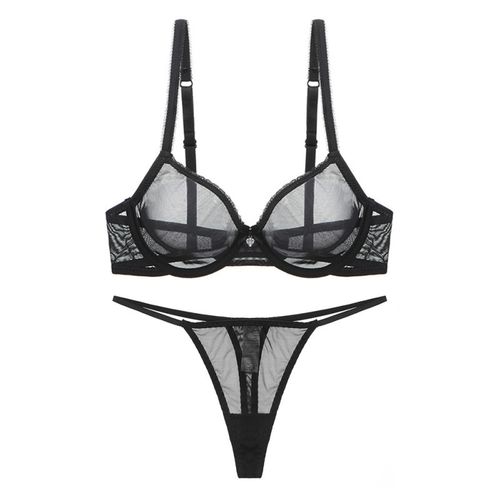 夏季性感全透明蕾丝胸罩丁字裤套装欧美超薄款透视诱惑舒适文胸