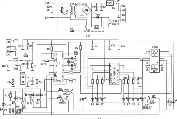 美的牌mb—yc50a型豪华电饭煲 (a)电源板电路;(b)电脑控制板电路