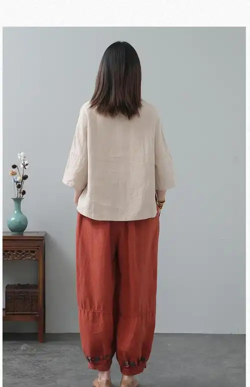 棉麻套装夏季女高端新款2022妈妈夏装两小清新女装麻本色上衣橘红色