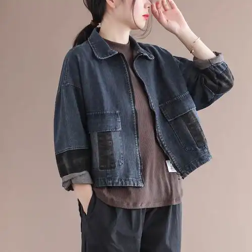 代勒复古撞色拼接短款牛仔外套女士2022春季新款宽松大码长袖上衣