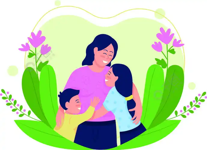 妈妈拥抱女儿和儿子.微笑的妈妈拥抱孩子 2d 卡通人物进行网页设计.