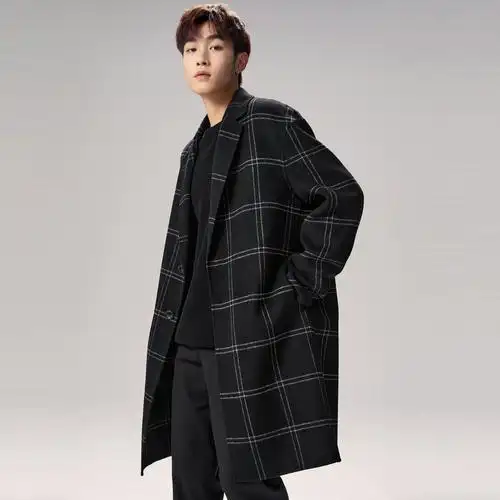 男士时尚清仓大衣春季太平鸟男装呢子衣格纹毛呢外套韩版