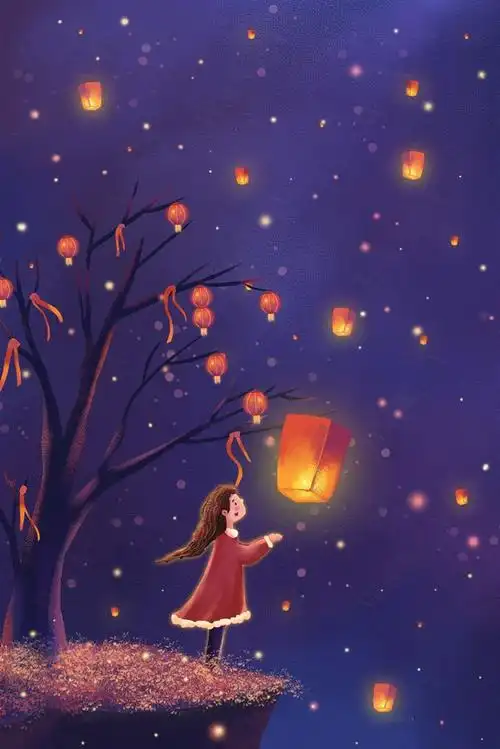 许愿卡通手绘插画灯笼孔明灯明灯元宵节清明h5设计素材