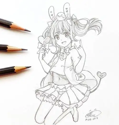 铅笔手绘,卡通动漫女孩线稿,细节处画的超精致