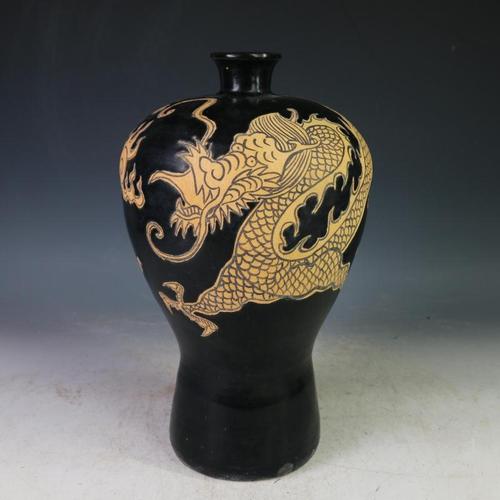 宋吉州窑黑釉剔花龙纹梅瓶 古董古玩保真包老瓷器老货旧货收藏