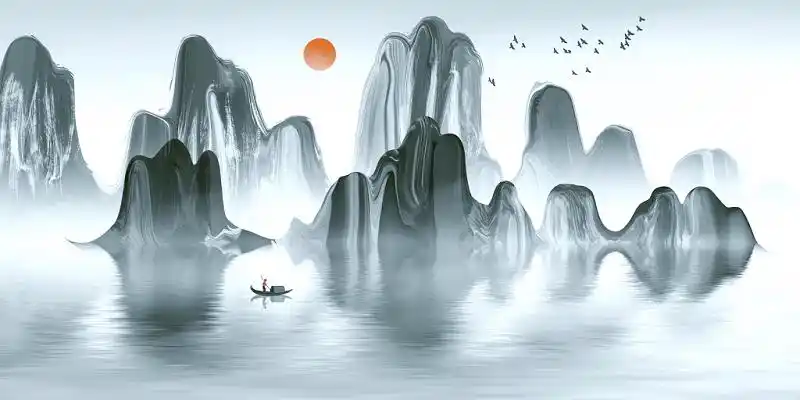 新中式水墨山水风景原创插画素材