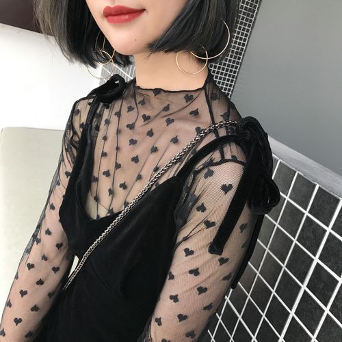 镂空黑透视网纱上衣中长款长袖渔网性感高领内搭蕾丝透明打底衫女