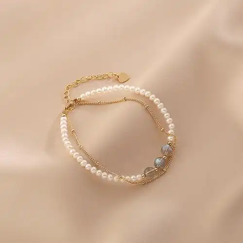 天然淡水月光石珍珠手链女生ins小众设计高级感双层叠戴手串轻奢