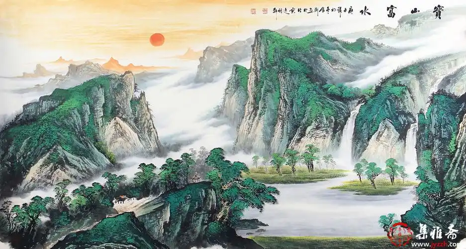 旺财风水画 陈厚刚流水生财聚宝盆《宝山富水》 _写意山水画_山水画