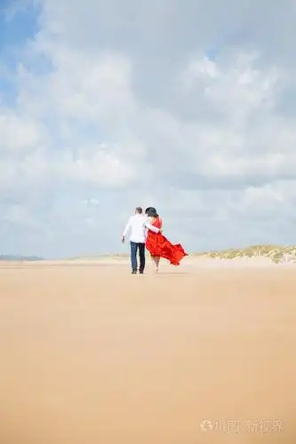 一对浪漫的年轻夫妇在海滩上拥抱的背影