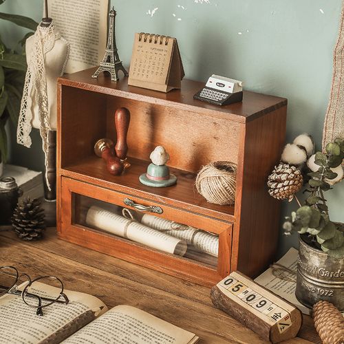 桌面收纳盒办公桌化妆品抽屉式复古木质物品置物架桌上木盒储物盒