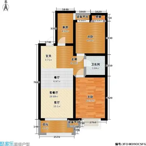 水岸江南2室1厅1卫1厨93.00㎡户型图