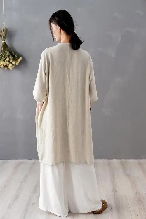 麻布女装棉麻短袖连衣裙中国风大码斜襟盘扣立领中长袍子佛系衣服