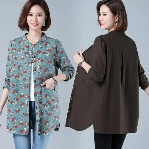 新款中老年女棉麻中长款衬衣休闲大码长袖外套妈妈装衬衫