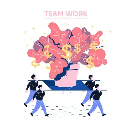 彩绘合作搬货币盆栽的团队人物矢量图