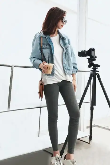 2018新款韩版纯色毛边牛仔外套女宽松学生短款bf牛仔衣 白色t恤 灰色