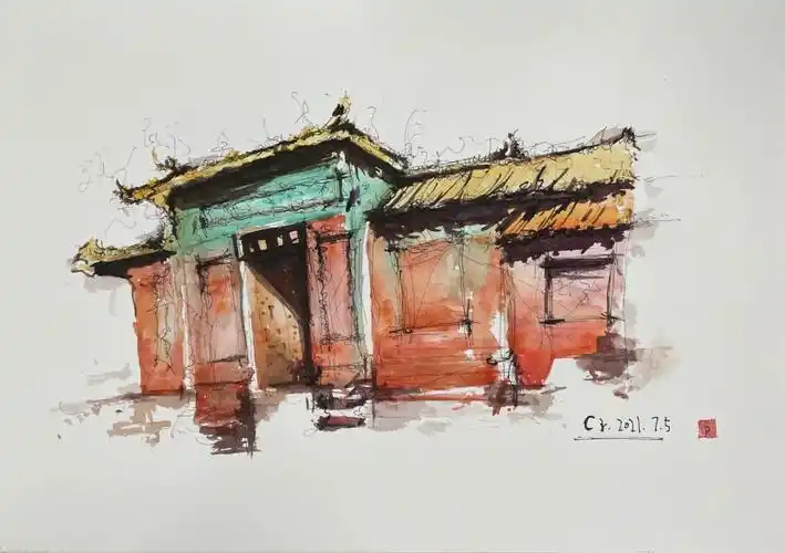 老橙建筑水彩马克临摹上色