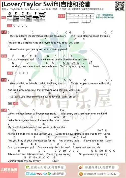 lover(大树音乐屋)吉他谱(图片谱,弹唱,和弦)_taylor swift(泰勒