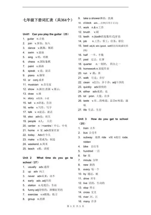 七年级下册单词表
