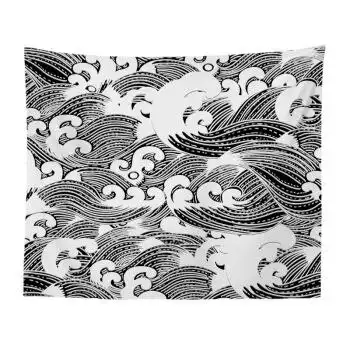 青骢马日式浮世绘海浪纹沙发巾墙面背景民族个性挂毯装饰壁毯艺术画布