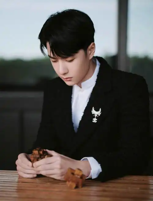 该剧主演之一的王一博现身活动,一身黑色修身西服内搭中式领白衬衫
