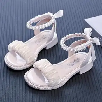 晴鹿女童凉鞋2022夏季新款珍珠儿童蝴蝶结公主鞋小学生小女孩时装童鞋
