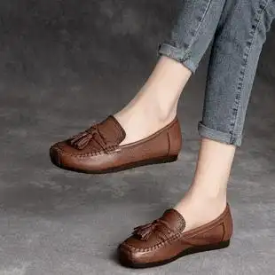 2021春秋新款复古手工真皮女鞋平跟豆豆鞋休闲单鞋软底牛皮妈妈鞋