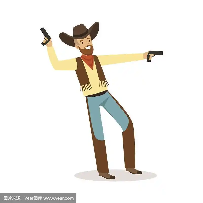 胡子牛仔拿着他的枪西部卡通人物矢量插图