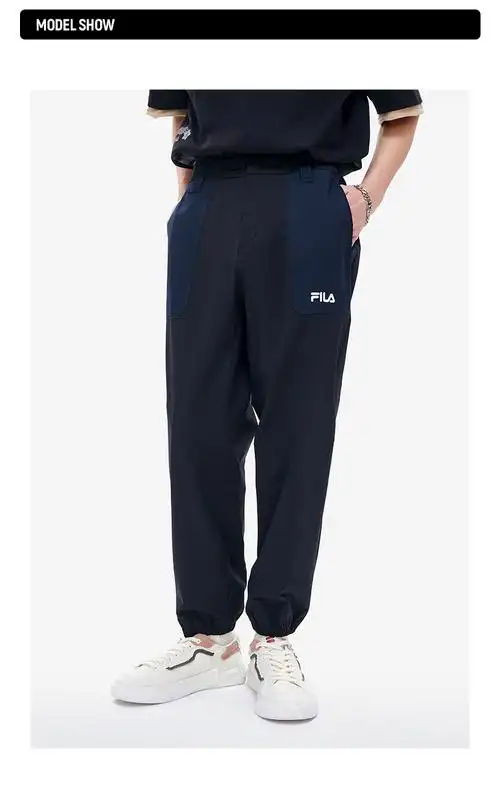 filafusion斐乐潮牌梭织长裤男子2022夏宽松潮流拼接工装裤深黑bk1