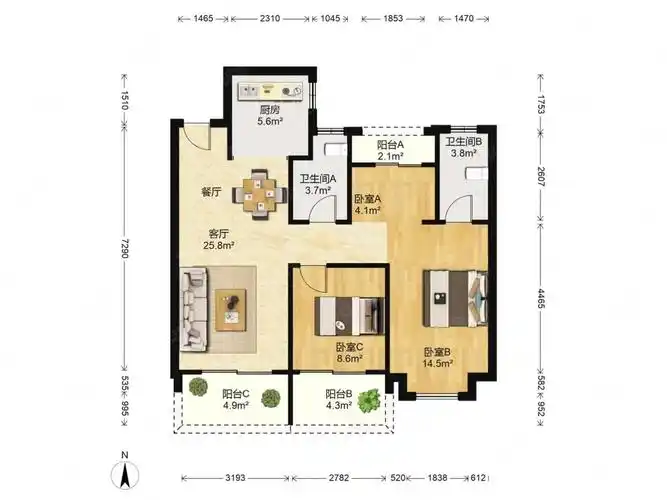 江南国际城3室2厅2卫110.68㎡南北189万